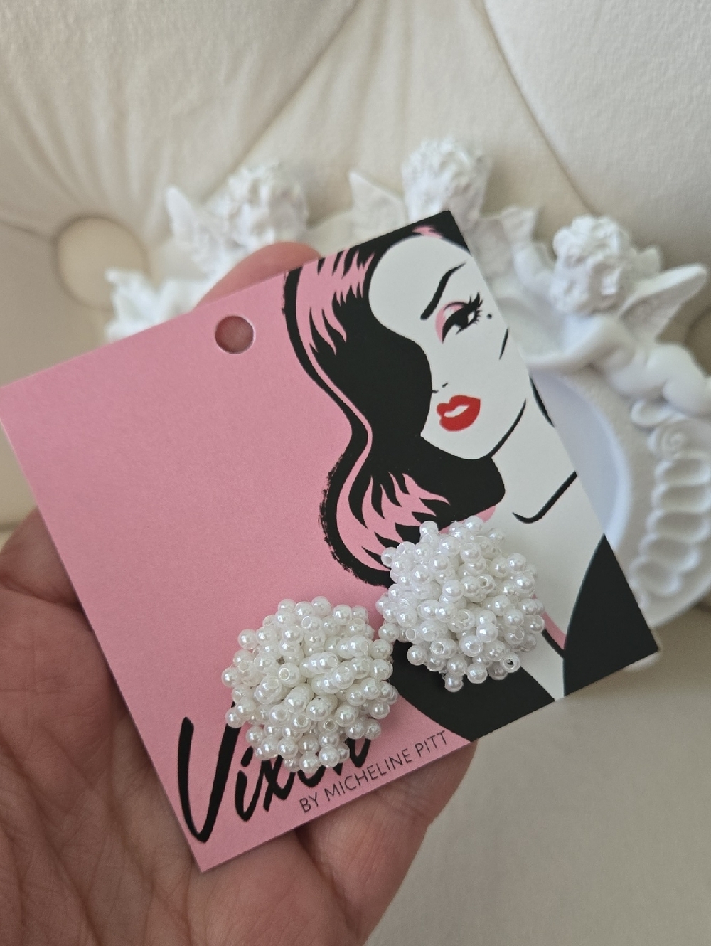 Vixen by Micheline Pitt White Pearl Cluster Stud Earrings, Retired, NWT - Picture 4 of 6